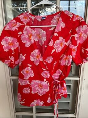 Old Navy Red Floral Wrap Top with Pink Blooms